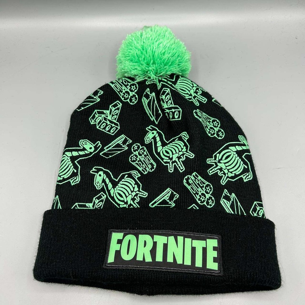 Fortnite Hat Kids Boys Black Green Cuffed Beanie Pom Pom Cap